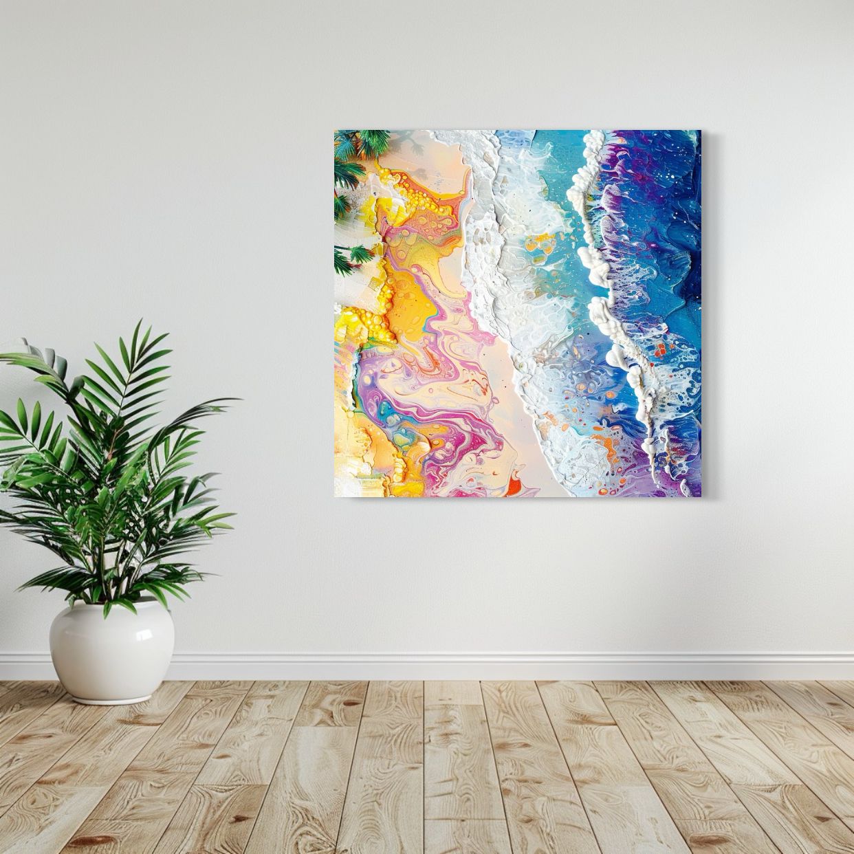 Abstract beach art print with psychedelic wave patterns and vibrant tropical colors, surreal coastal wall decor for modern interiors