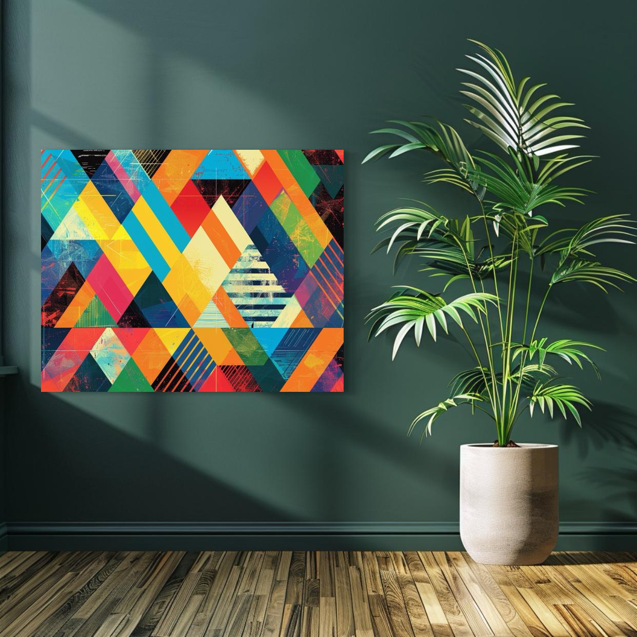 Colorful geometric abstract art with layered triangles in bold summer tones