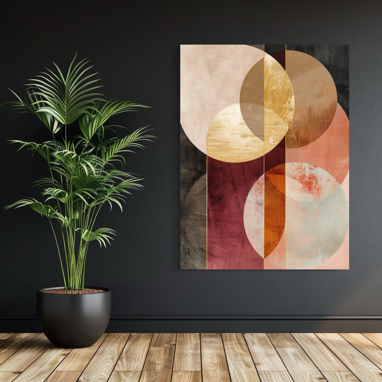Geometric abstract artwork with gold, rose, and earthy-toned overlapping circular shapes