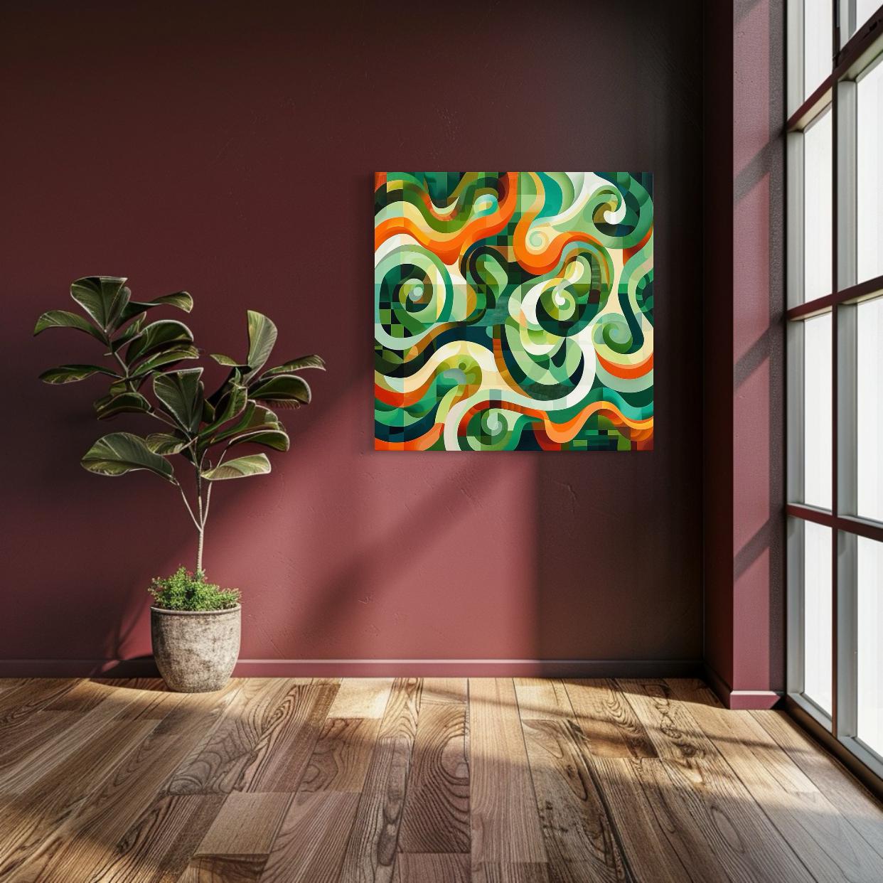 Colorful abstract swirls in green, orange, and teal tones resembling open plains