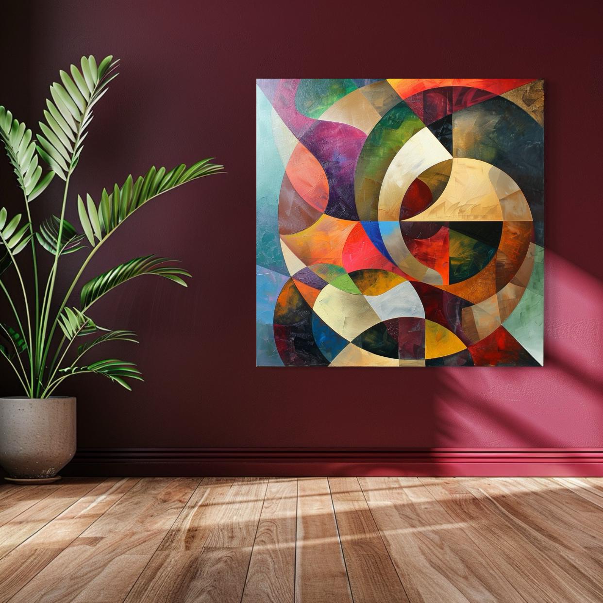 Bold geometric abstract art with curved gold, burgundy, and emerald green shapes