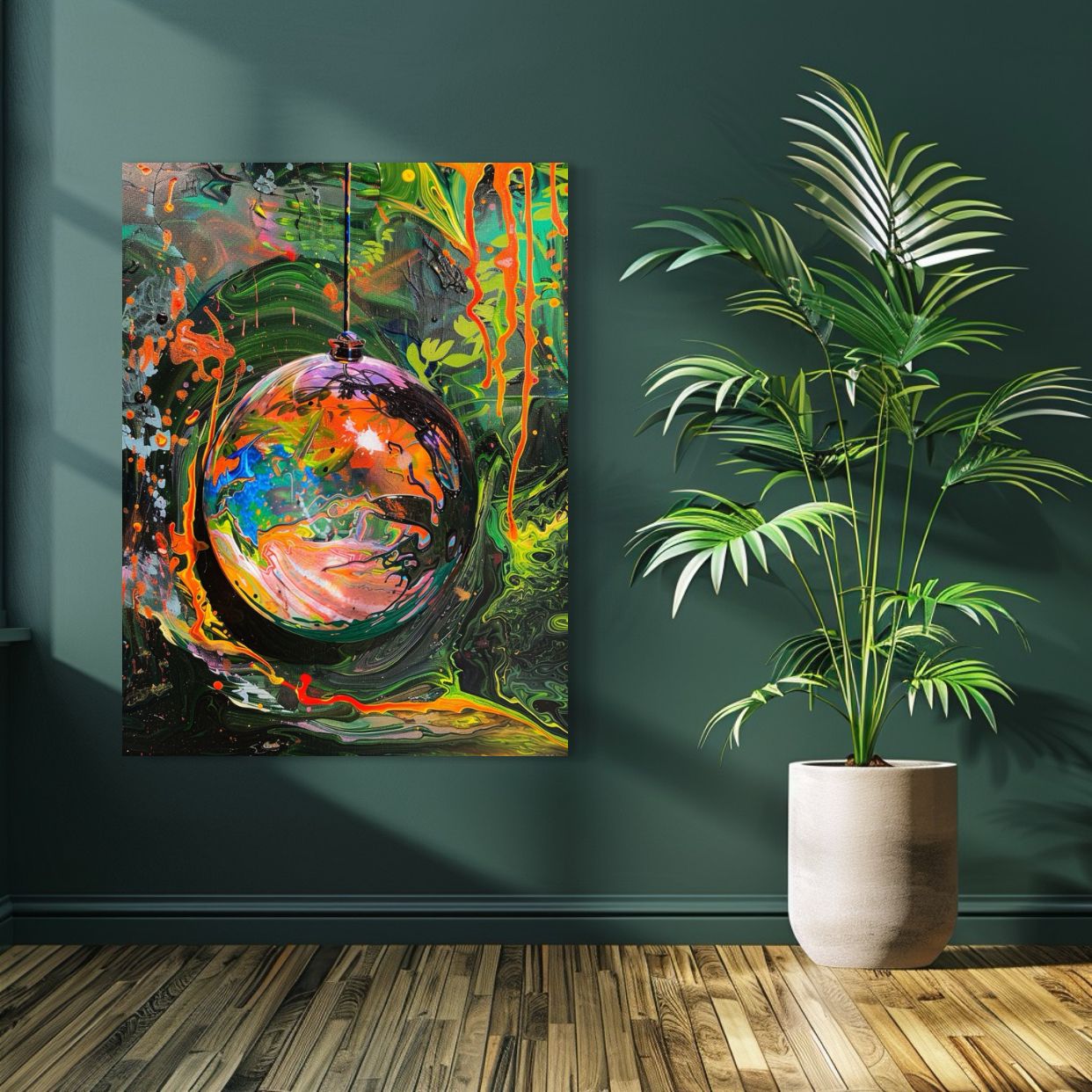 New Earth abstract painting of a suspended planet orb with glowing colors and vibrant energy flows