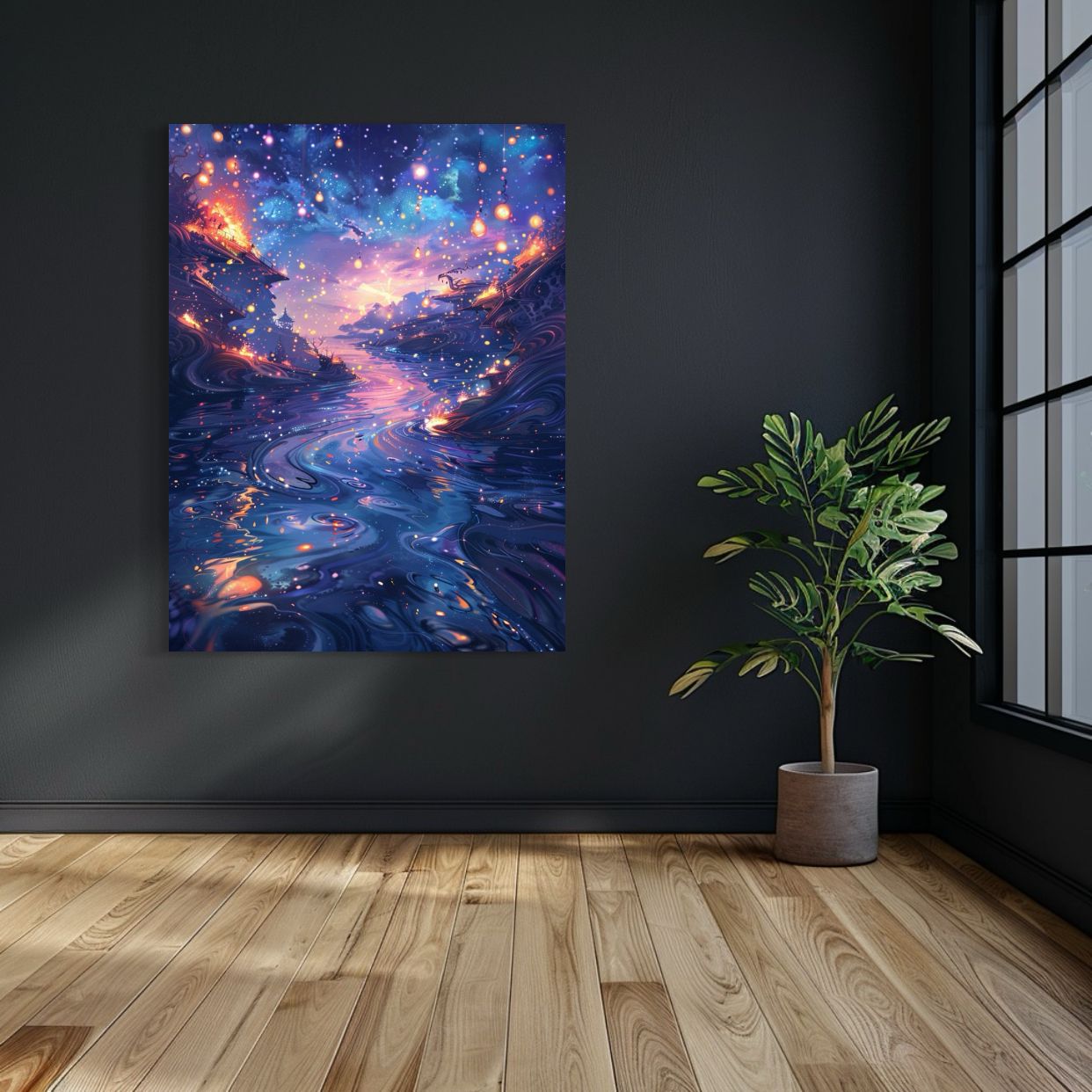 Abstract fantasy river scene glowing with lanterns and starlight under a dreamy purple-blue sky, titled Magical River Flow.