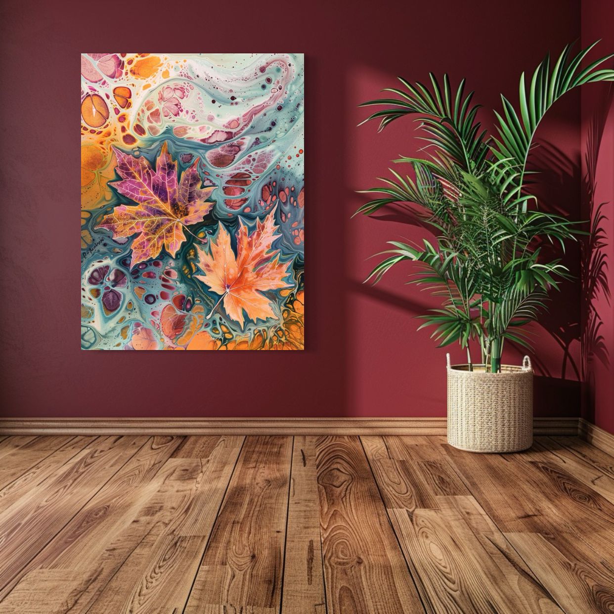 Psychedelic abstract artwork of colorful maple leaves floating in fluid autumn-inspired patterns, titled Leaf Flow.