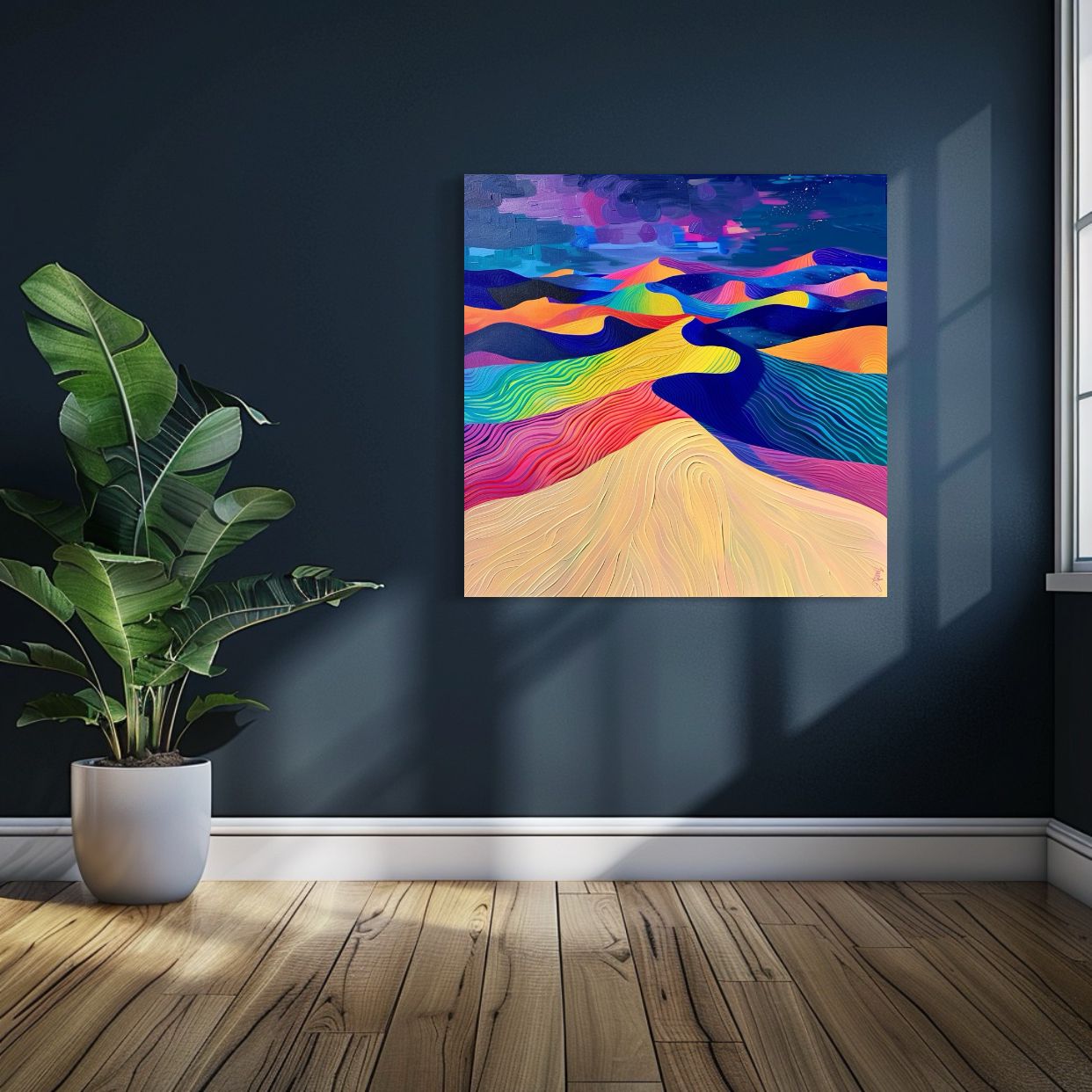 Surreal abstract desert art print with flowing rainbow-colored sand dunes under a night sky.