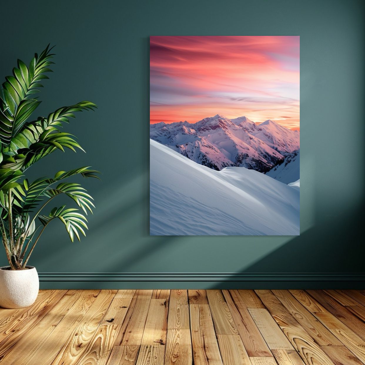 AI art of snow-covered mountains glowing in the light of a pink sunrise.