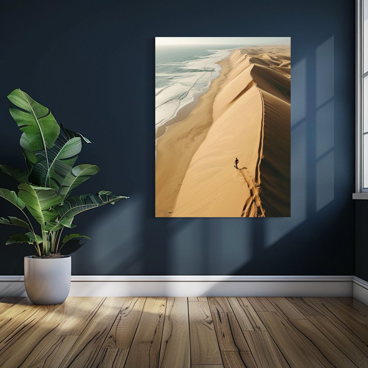 AI art of a sandboarder descending tall coastal dunes by the ocean.