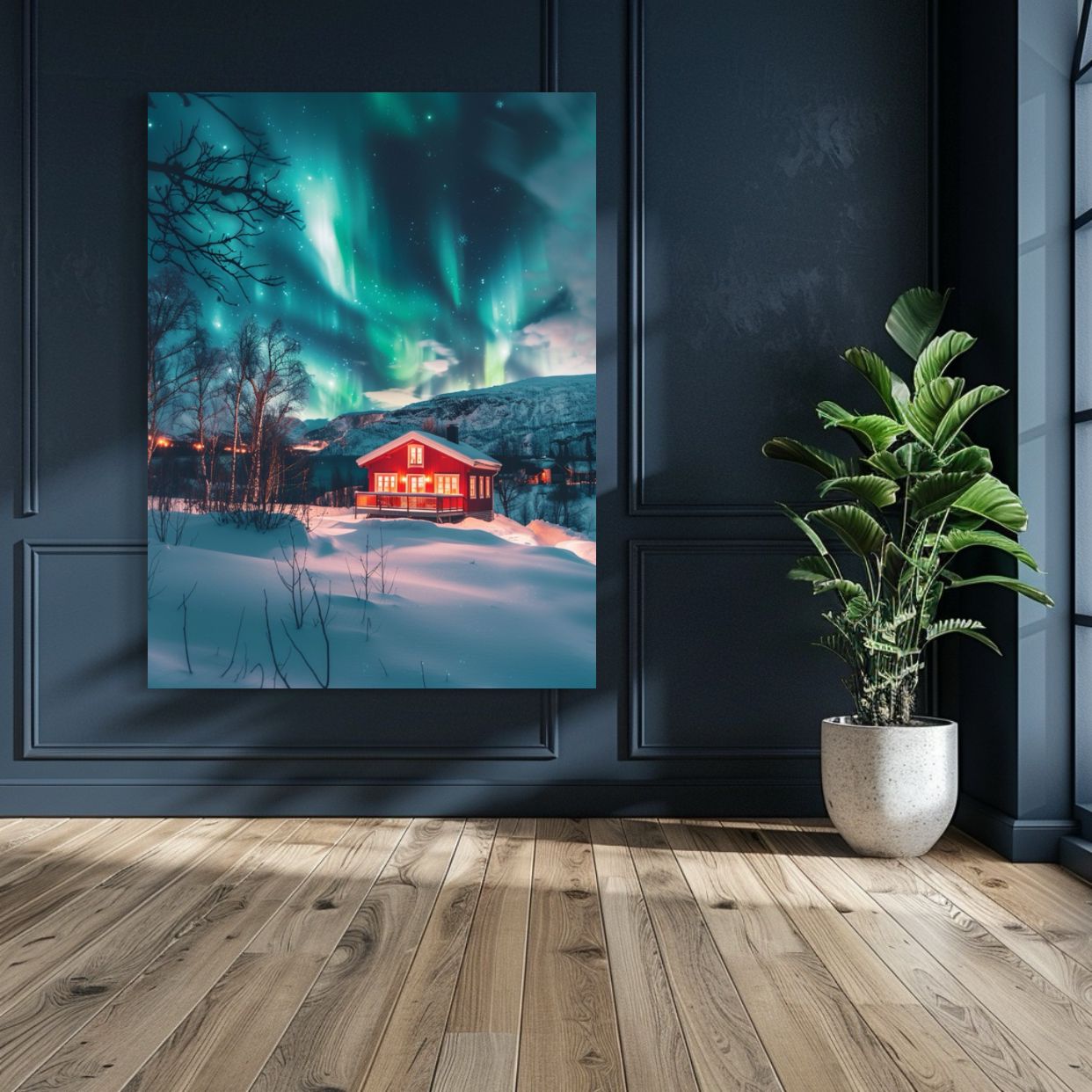 AI-generated image of a snowy red cabin under the northern lights at night.