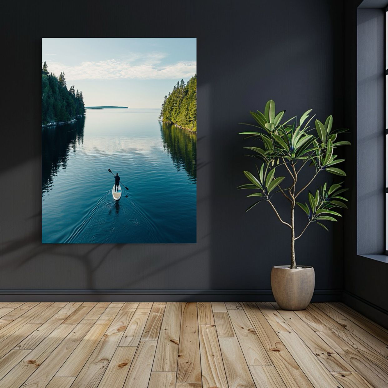 AI art of a paddleboarder on a calm lake surrounded by forested cliffs.