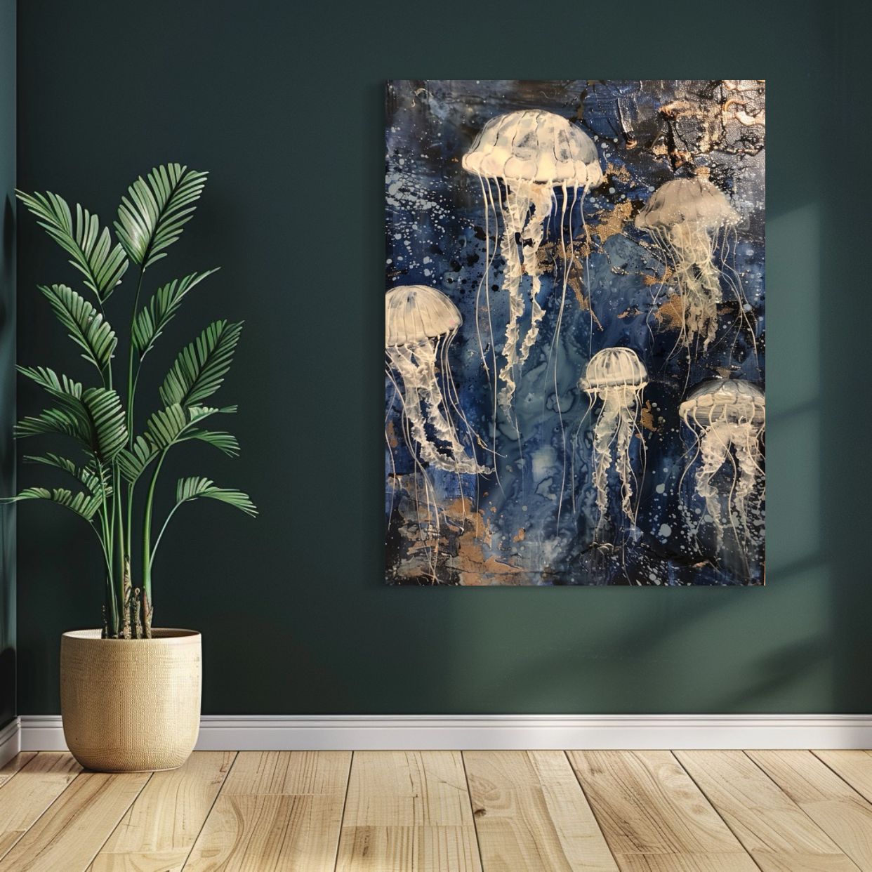 Ethereal jellyfish floating in a deep blue abstract ocean with textured details and shimmering white highlights.