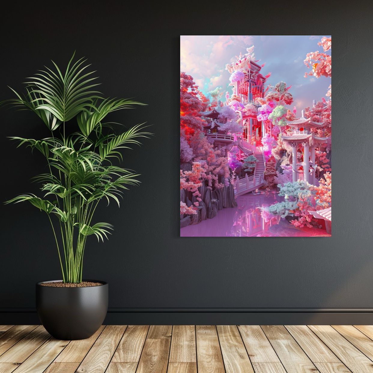 Dreamy pastel artwork of a floral temple surrounded by blooming cherry blossom trees in surreal pink and lavender tones.