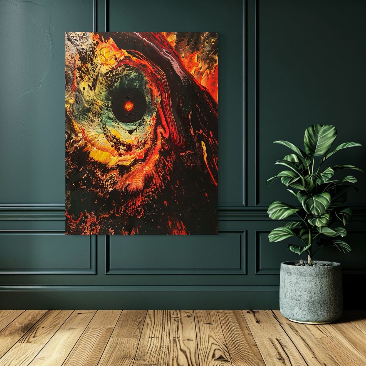 Fiery abstract painting resembling a cosmic eye with swirling lava tones of red, yellow, black, and green.