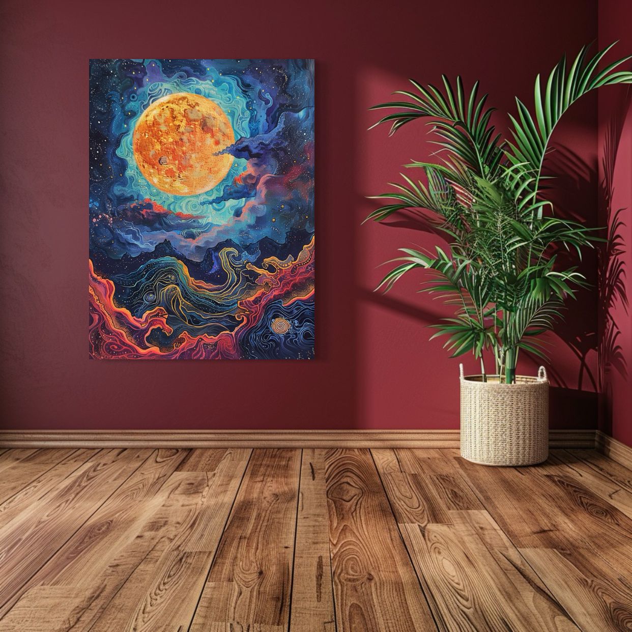 Abstract cosmic night sky artwork with swirling galaxies, a glowing orange moon, and vivid celestial patterns.