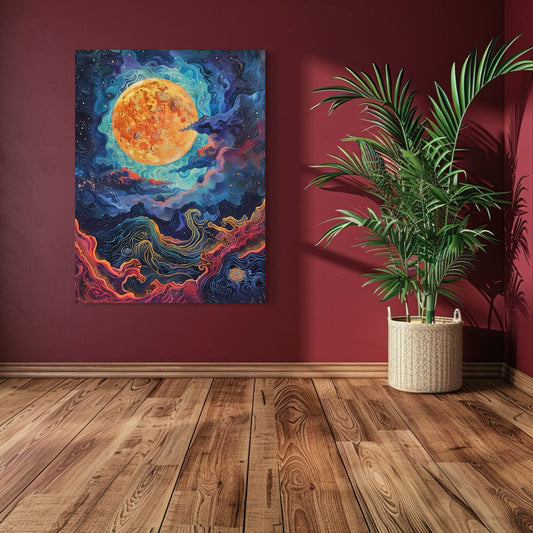 Abstract cosmic night sky artwork with swirling galaxies, a glowing orange moon, and vivid celestial patterns.