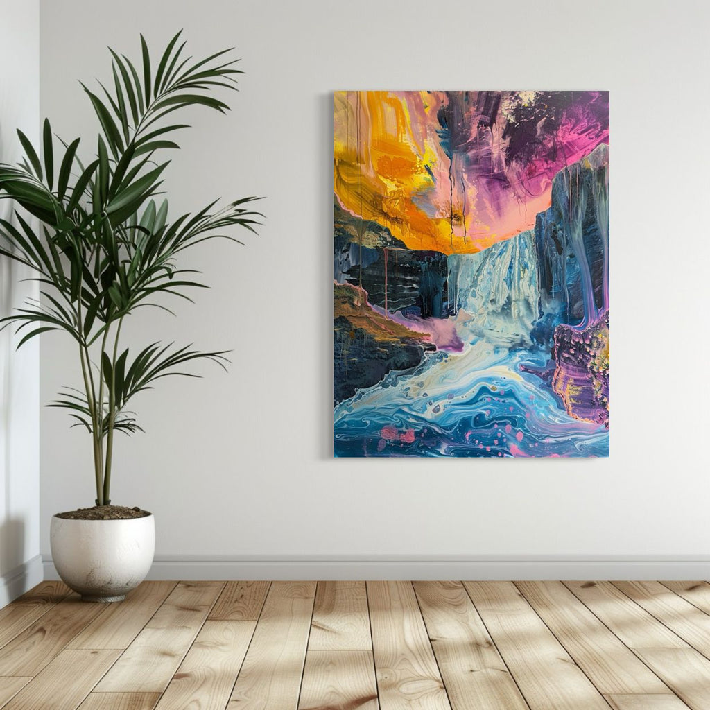 Colorful waterfall artwork with psychedelic textures and surreal abstract paint drips, nature-inspired canvas for bold wall decor