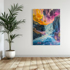 Colorful waterfall artwork with psychedelic textures and surreal abstract paint drips, nature-inspired canvas for bold wall decor
