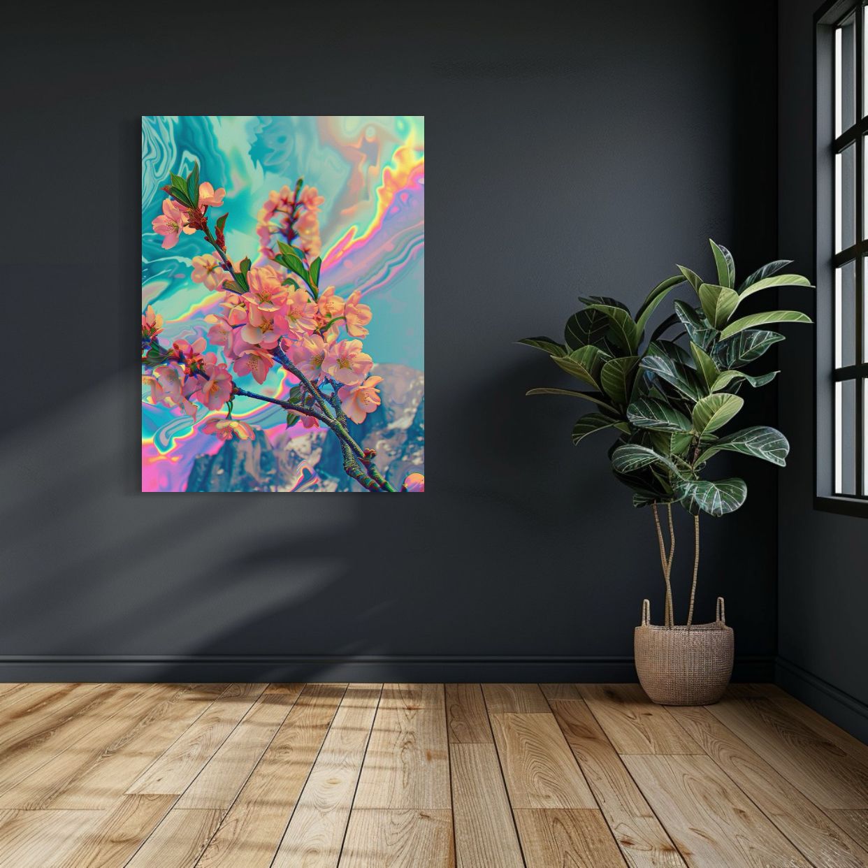 Cherry blossom art print with psychedelic swirling background, vibrant trippy floral canvas wall decor for colorful interiors