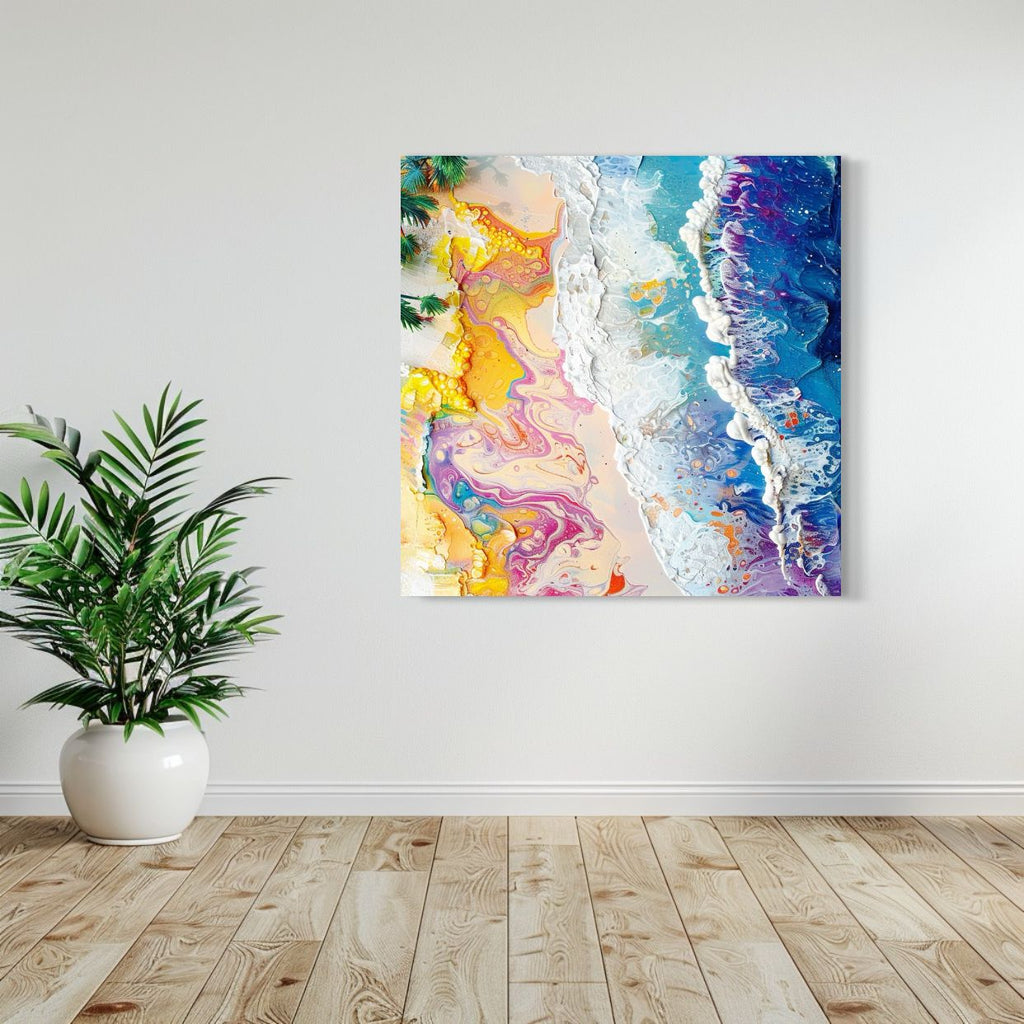 Abstract beach art print with psychedelic wave patterns and vibrant tropical colors, surreal coastal wall decor for modern interiors