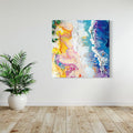 Abstract beach art print with psychedelic wave patterns and vibrant tropical colors, surreal coastal wall decor for modern interiors