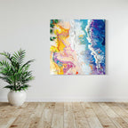 Abstract beach art print with psychedelic wave patterns and vibrant tropical colors, surreal coastal wall decor for modern interiors