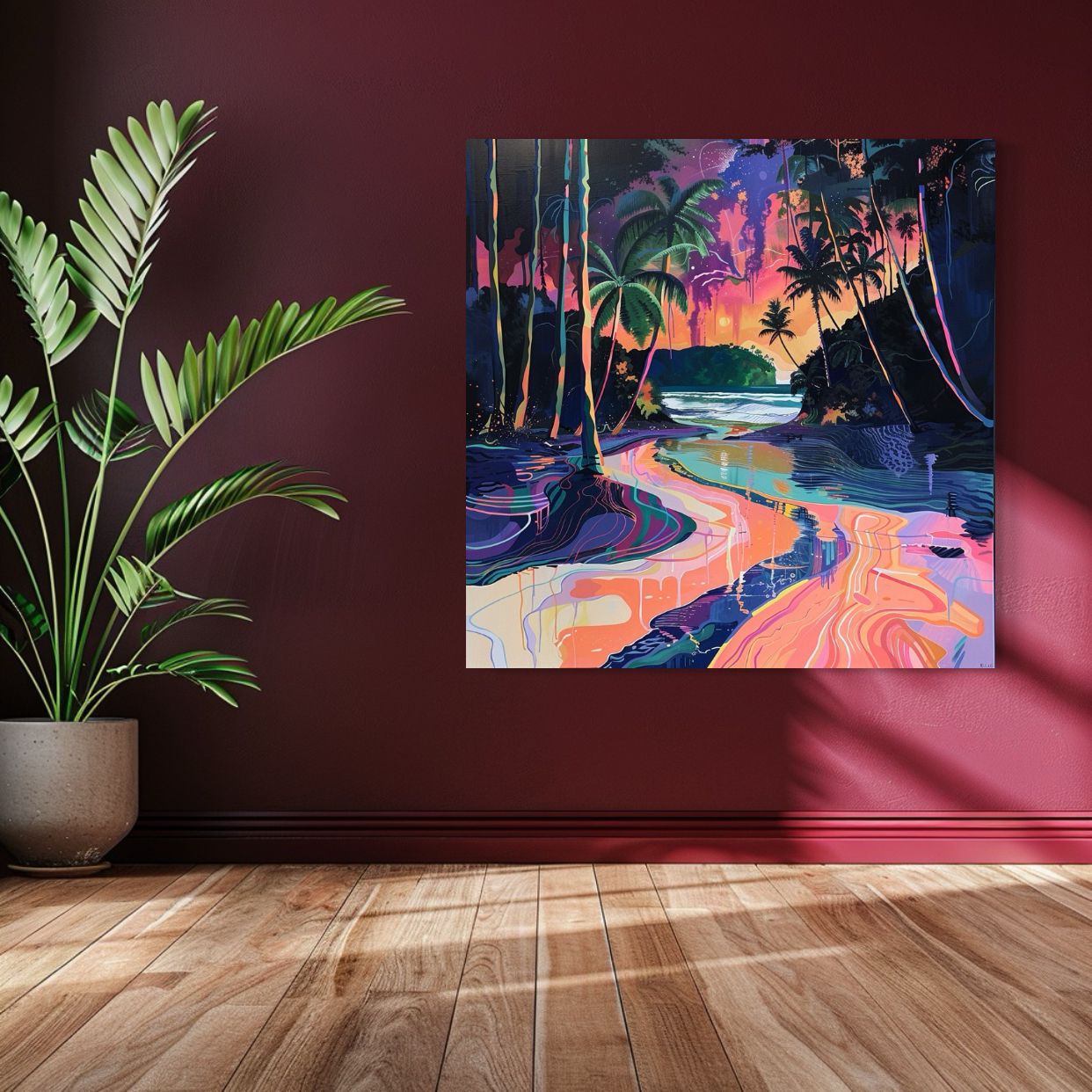 Colorful dreamy beach artwork featuring abstract palm trees, ocean waves, and glowing sunset hues in a surreal landscape.
