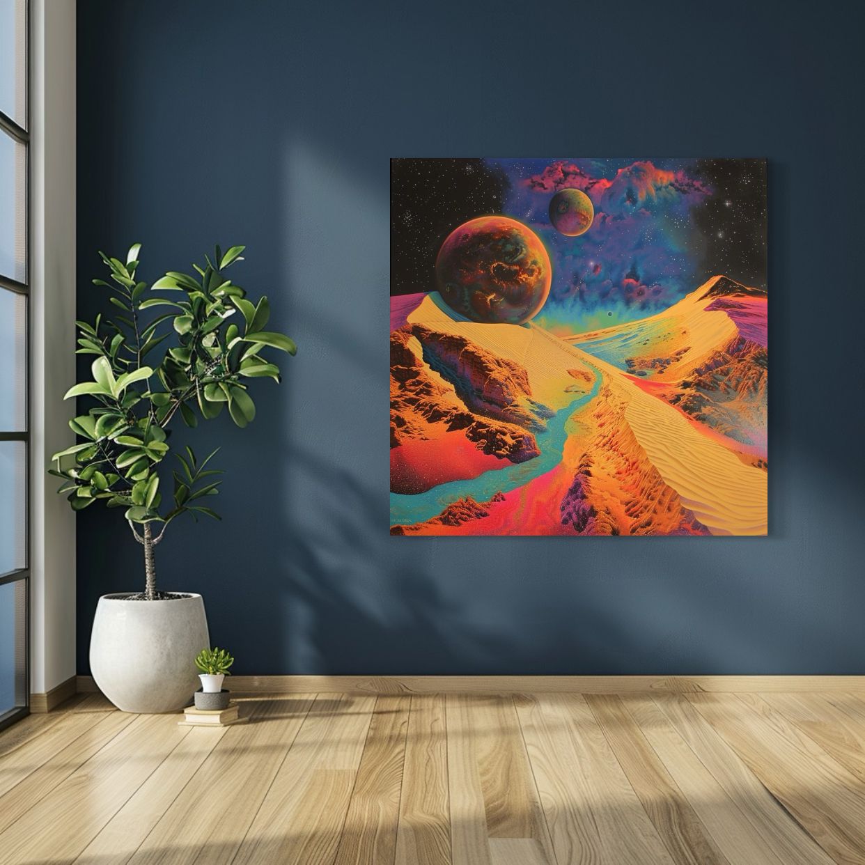 Psychedelic outer space artwork featuring glowing planets above colorful sand dunes and a galactic sky.