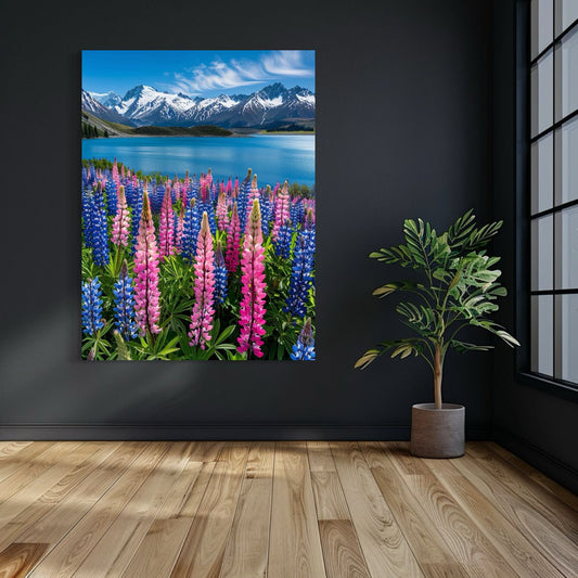 AI art of colorful lupin flowers in front of a blue alpine lake and snow-capped mountains.