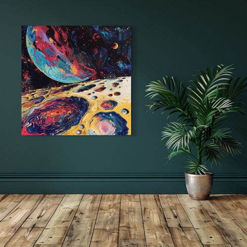Psychedelic space wall art print of two colorful planets and cosmic textures, surreal planetary landscape for modern home decor