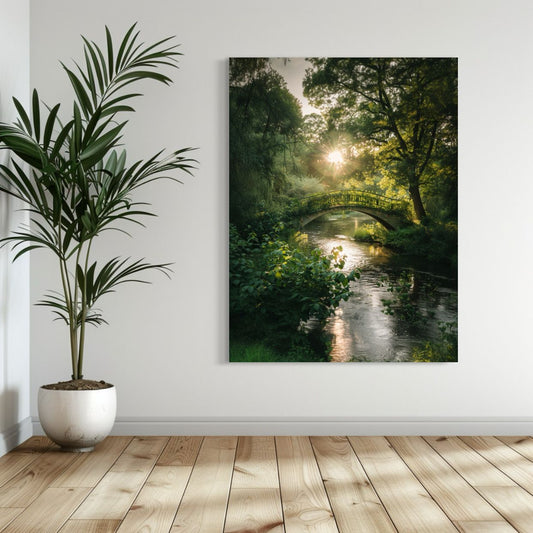 Sunlight shining through trees over a green forest bridge above a peaceful river, surrounded by lush foliage.
