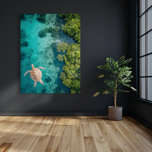 Aerial view of a sea turtle swimming through turquoise waters near lush green mangroves in a tropical lagoon.