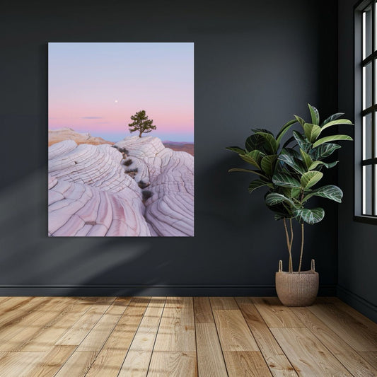 AI-generated minimalist artwork featuring a lone tree on swirling pink and white rock formations in Utah at sunset, ideal for modern wall decor or bohemian spaces.