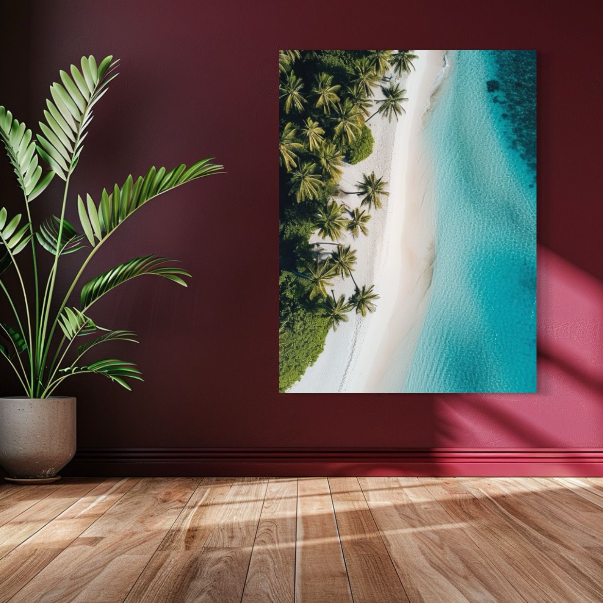 Aerial AI-generated image of a white sand beach with palm trees and clear turquoise water, evoking tropical serenity for coastal-themed wall decor or modern beach house prints.
