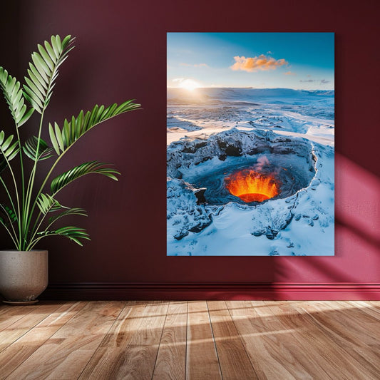 AI artwork of a glowing lava pool erupting from a snow-covered volcano crater beneath a clear blue sky, designed for bold modern wall decor and statement art.