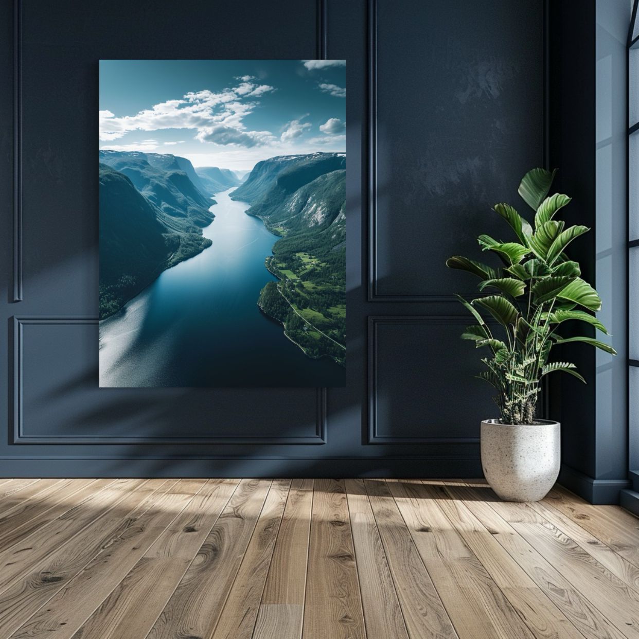 Aerial AI art of a deep blue fjord between towering mountains under a bright sky.