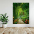 AI-generated art of a bamboo forest with a wooden path surrounded by greenery and flowers.