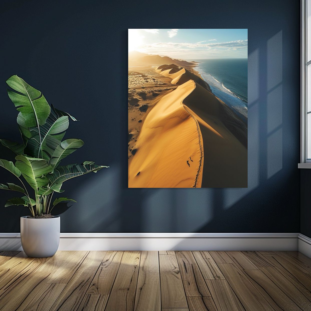 AI art of golden sand dunes meeting the ocean coastline under a bright sky.