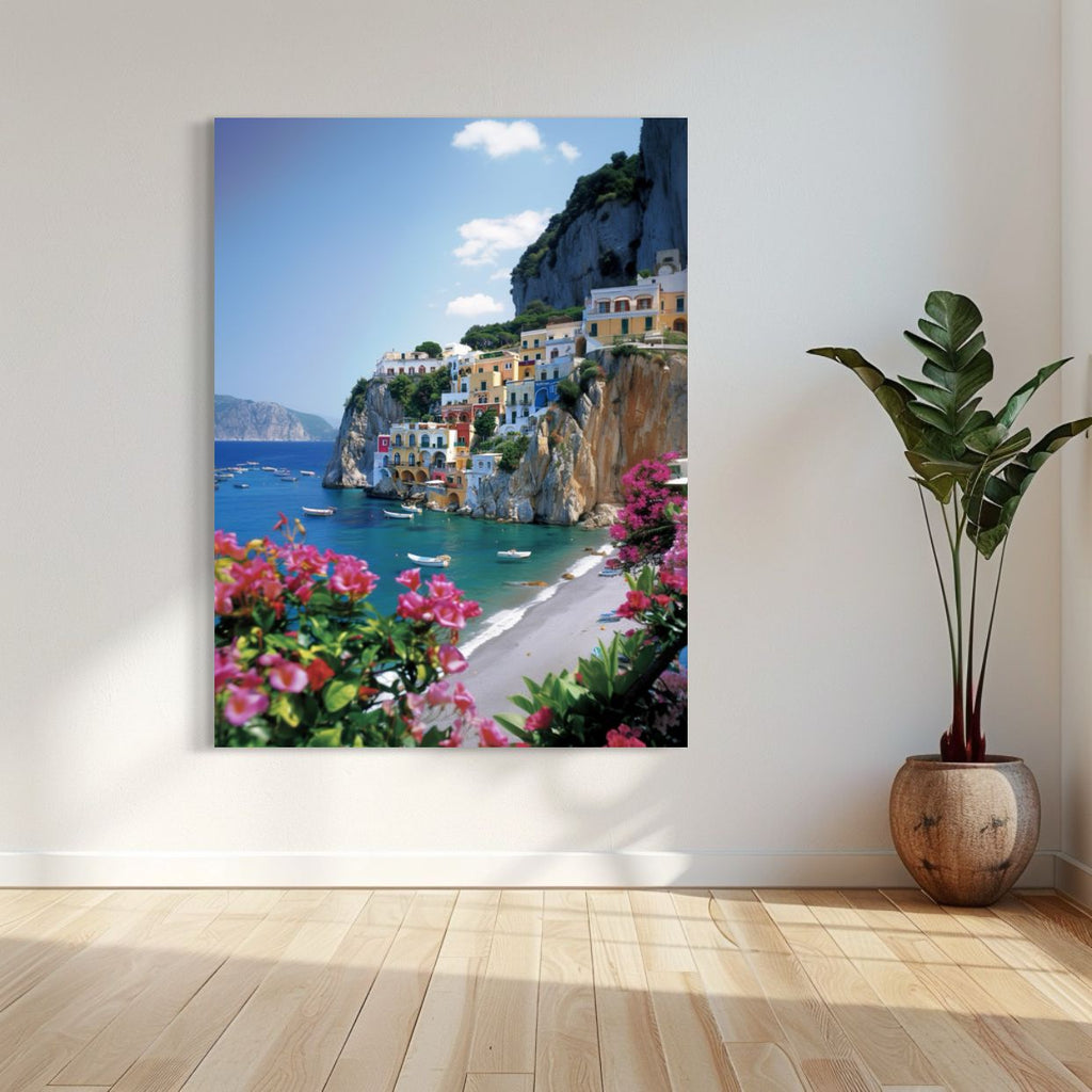 AI art of colorful buildings on cliffs along the turquoise Capri coast with boats and flowers.