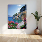 AI art of colorful buildings on cliffs along the turquoise Capri coast with boats and flowers.