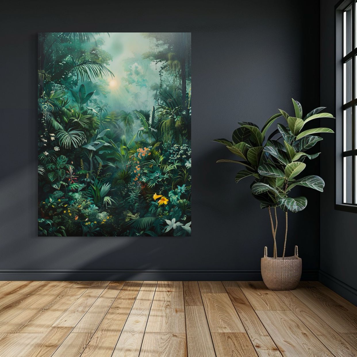 AI-generated jungle scene with dense tropical foliage and early morning mist.