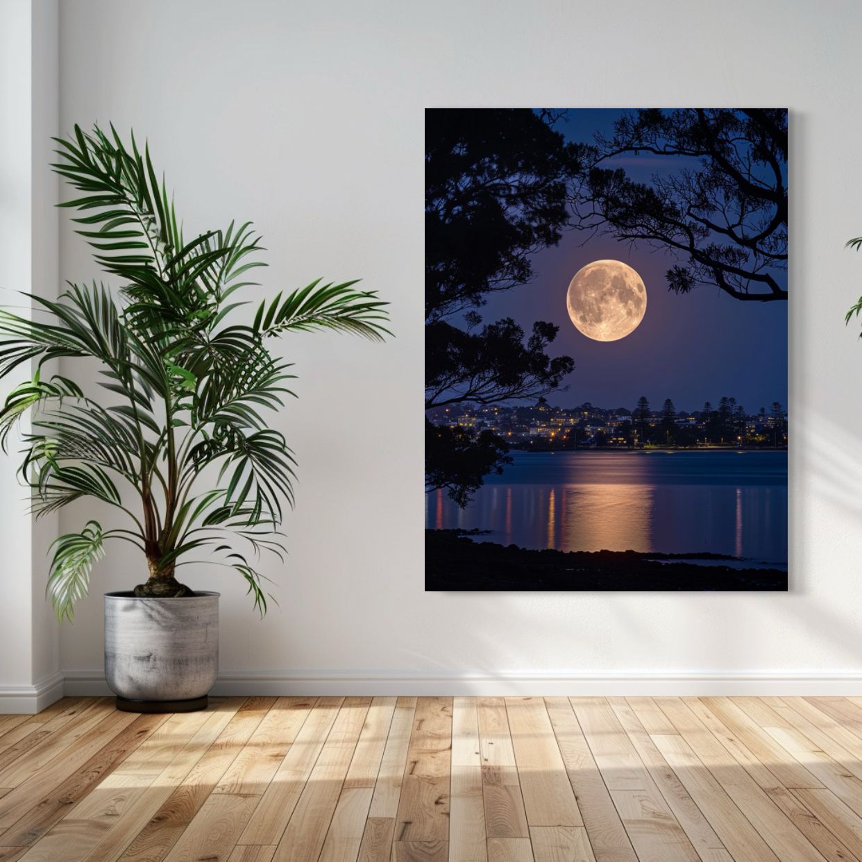 AI art of a full moon rising above a lake with tree silhouettes and city lights reflecting.