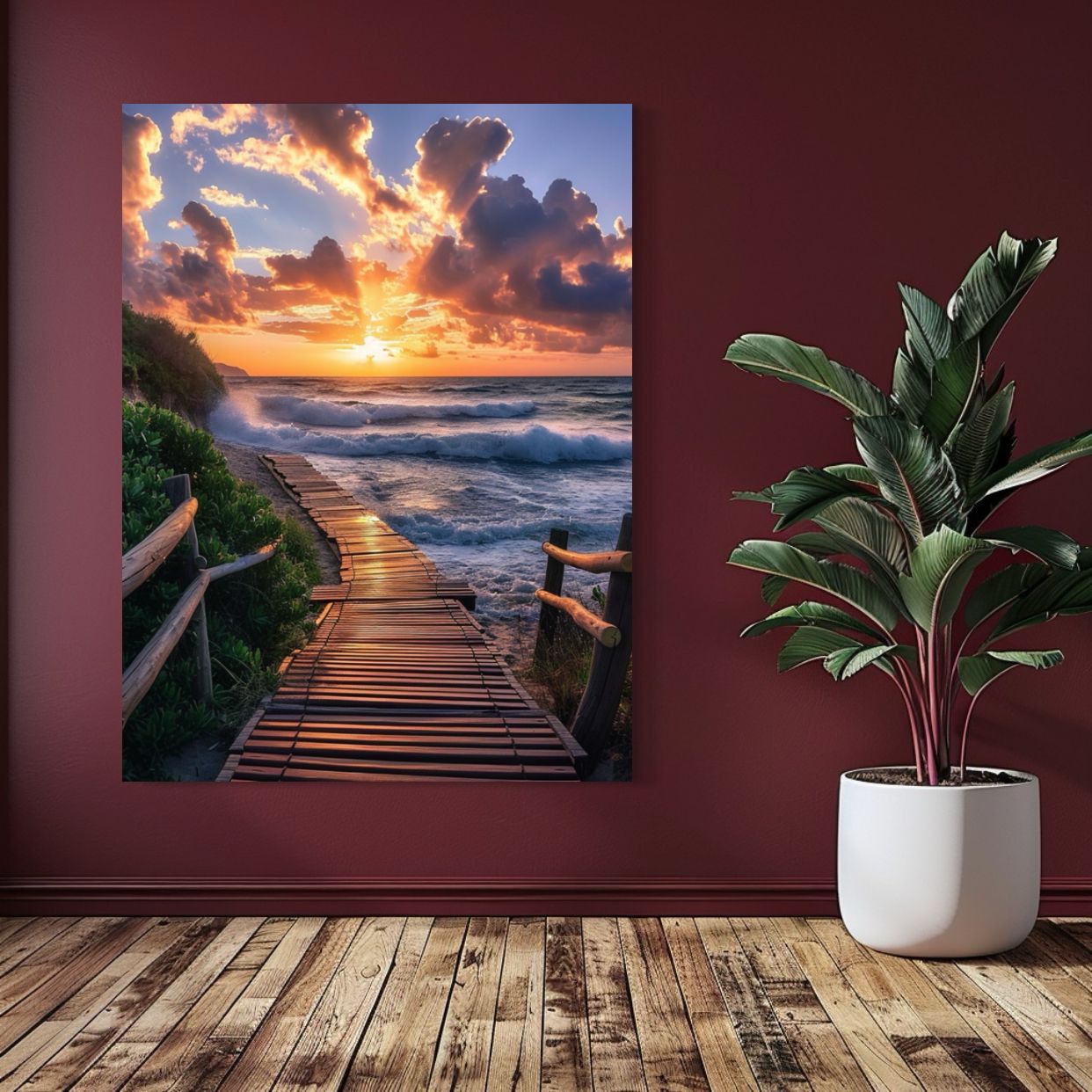 Boardwalk path leading to an ocean sunset with waves crashing and clouds glowing.