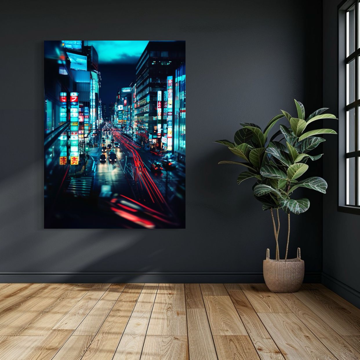 AI art of a busy neon-lit city street at night with glowing signage and light trails.