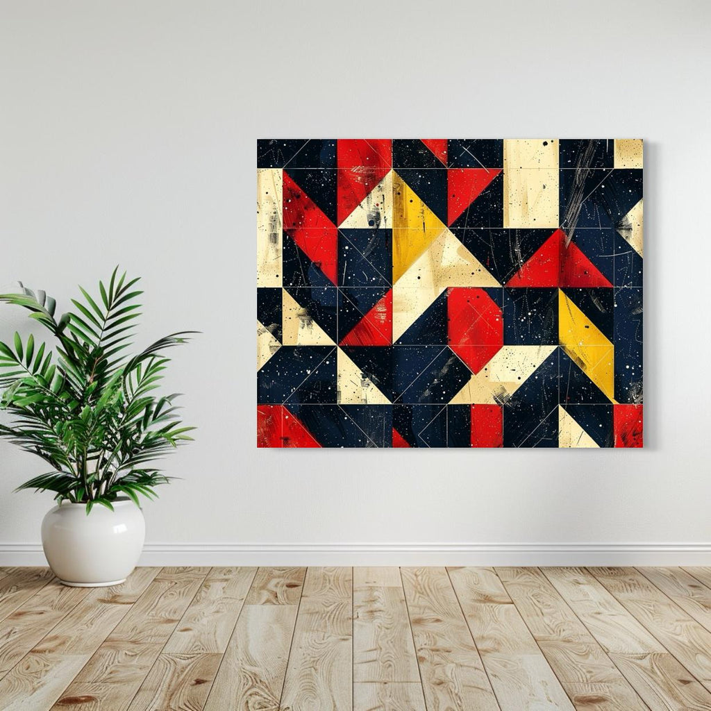 Geometric abstract night sky wall art with deep red, navy, and cream triangles