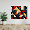 Geometric abstract night sky wall art with deep red, navy, and cream triangles