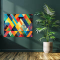 Colorful geometric abstract art with layered triangles in bold summer tones
