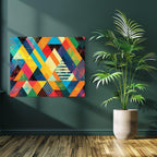 Colorful geometric abstract art with layered triangles in bold summer tones