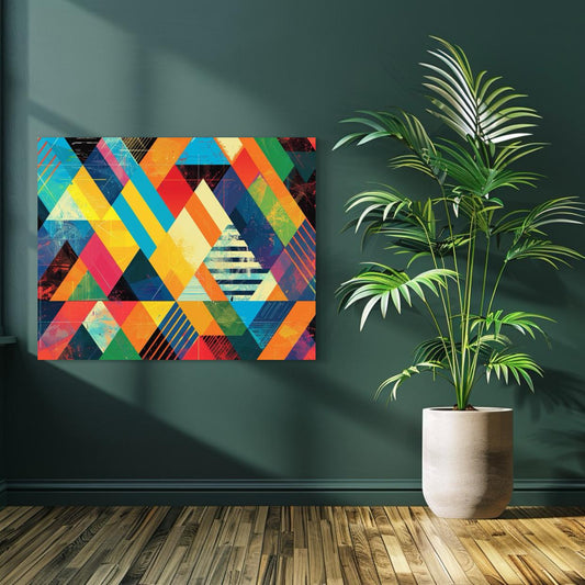 Colorful geometric abstract art with layered triangles in bold summer tones
