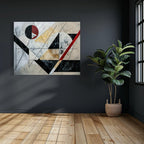 Dynamic geometric abstract art with intersecting lines, textured forms, and a central red sun shape.