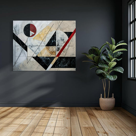 Dynamic geometric abstract art with intersecting lines, textured forms, and a central red sun shape.