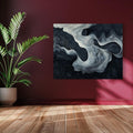 Black and white abstract wave art with layered flowing lines and topographic texture